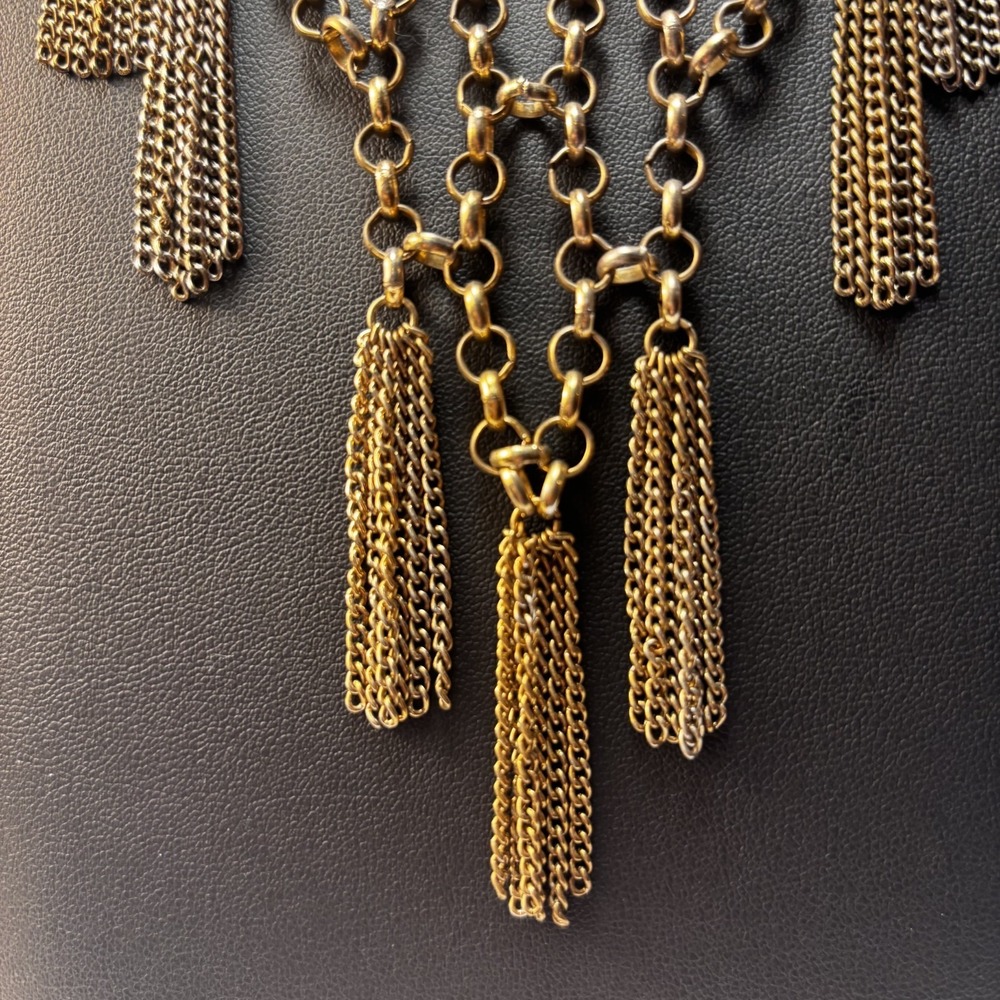 Bib Necklace Gold Tone Draped Chain Tassel Statement Boho Fringe Jewelry - Picture 4 of 9
